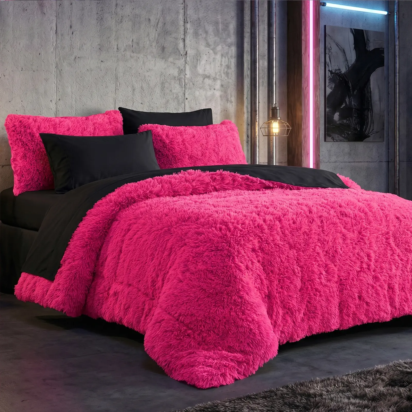 Hot Pink Shaggy Comforter Set with Black Bed Sheets Queen Size Cozy and Stylish Bedding Set