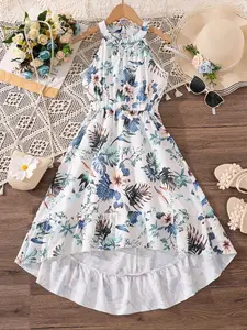 Girls Floral Print Halter Neck Dress, Unique Neckline, Elastic Waist Irregular Hem, Fashionable and Comfortable, Lightweight Design, Elegant Style