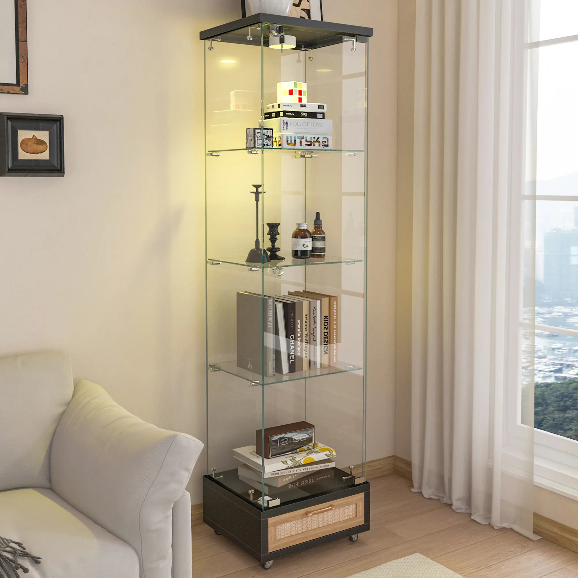 Contemporary Multi Layer Glass Display Cabinet - 1-Door, 4-Shelf, 1-Drawer, LED Lighting, Tempered Glass, Sturdy Wood, Wheels, Quick Assembly, Black & Natural, 14.4" W × 16.7" D × 65.8" H for Living Room, Kitchen