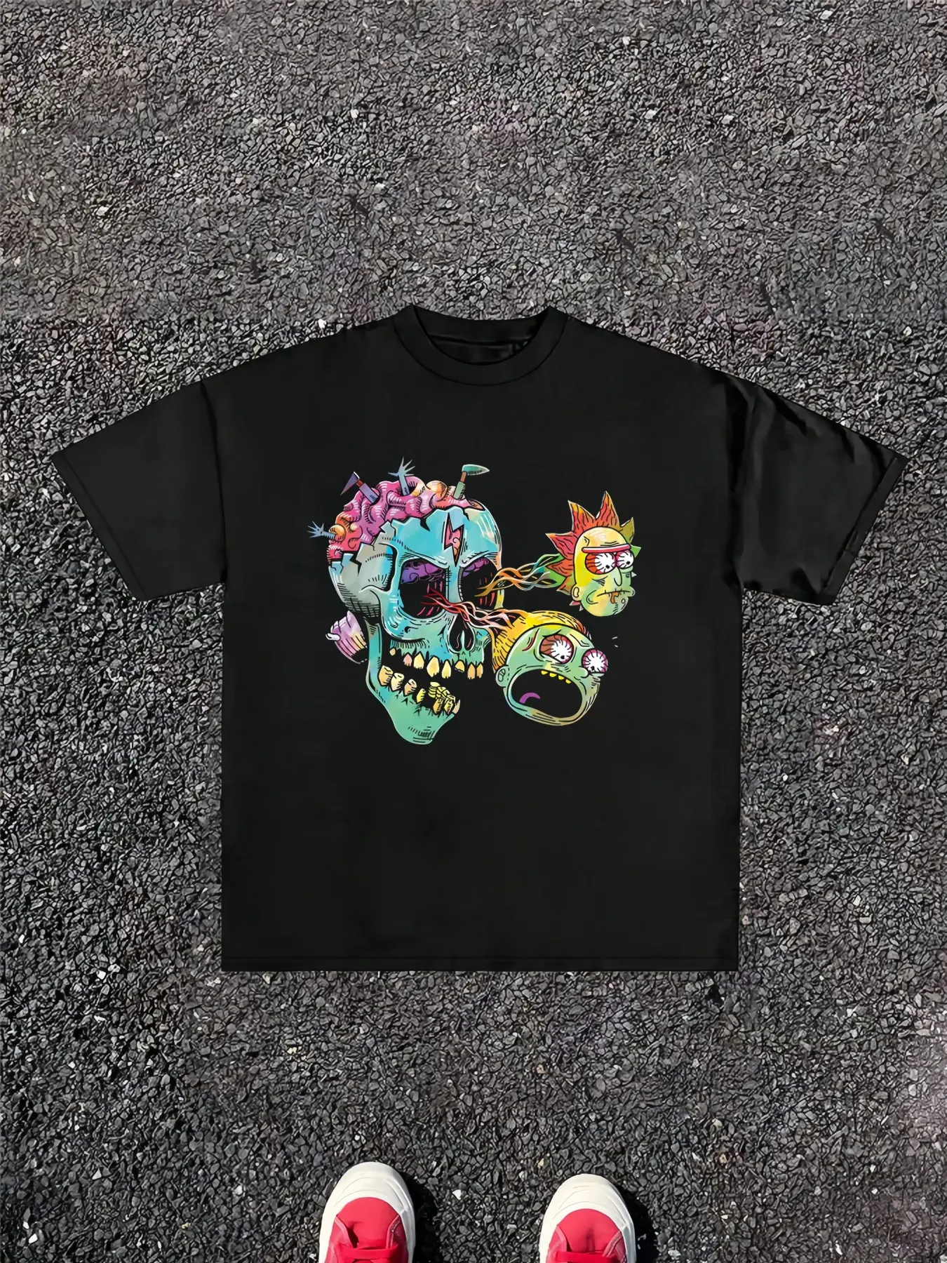 Summer American Rick and Morty Skull Graphic Short Sleeve T-Shirt, Anime Cool Group Style, Adult Casual Streetwear for Daily Outing, Comic Con, Party