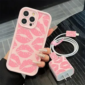 Lip Print Phone Case with Charger Saver Cover (5 Counts/set), Fashion Durable Phone Protective Cover, Phone Accessories for iPhone 11 12 13 14 15 16 Pro Max