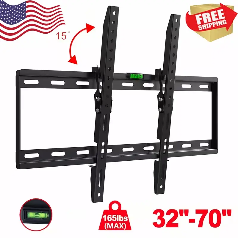 Black Universal Inclined TV Wall Mount Bracket with Grommets, Fits 32-70 Inch LED LCD OLED Plasma Flat-Panel TVs, 165 lbs Max Load Capacity