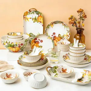 24/35/46-piece ceramic dinnerware set with pumpkin pattern, in orange and yellow tones, warm and cozy, perfect for serving turkey, steak, and other delicacies. Microwave-safe, machine washable, and lead-free underglazed