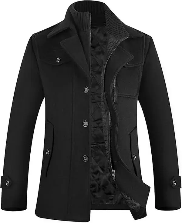 APTRO Men's Pea Coat Wool Jacket Windbreaker Single Breasted Winter Coat with Pockets & Collar Long Sleeve Warm Comfortable Classic Menswear Stylish Beige Black Casual Plain