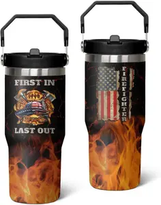 30 Oz Firefighter Tumbler Gifts for Men Fireman Firefighters, Stainless Steel Insulated Coffee Travel Mug Cup, Firefighter Coffee Cup with Handle and Straw Gifts For Birthday Christmas Fathers Day