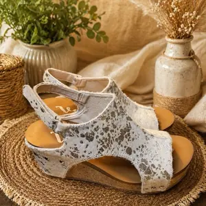 Very G Open-Toe Slingback Wedge Sandals, White Silver Faux Cowhide, Available in All Sizes