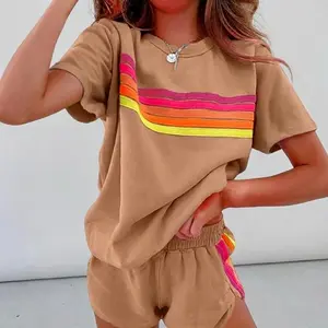 Retro Rainbow Stripe Lounge Set  Vibrant Dopamine Aesthetic 2-Piece Outfit for Spring Break 2026 | Ultra-Soft Cotton Blend Sweatshirt & High-Waist Shorts | Perfect for #GoldenHourVibes #SpringStatements