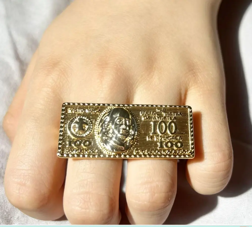 14K Gold Plated Money Bill Two-Finger Ring for Men & Women| Hip Hop Statement Jewelry dark aesthetic vintage design marriage wooden box modern gift perfect valentine engagement anniversary party jewelry gift exquisite trendy jewellery accessory kpop date