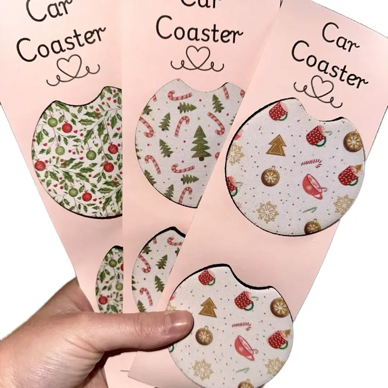 Holiday Neoprene Car Coasters Set of 2 Festive Christmas Patterns Durable Absorbent Car Accessories