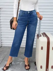 Women's Washed Edge Loose Fit Straight Leg Capri Jeans, Casual Four-Season Denim Jeans, Elastic Fabric, Summer