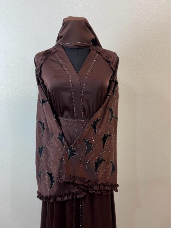 Umbrella Style Dubai Abaya with black Leaf Embellishments