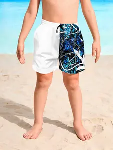 Boys Blue Branch Deer Horn Print Colorblock Beach Shorts, Quick-Dry Breathable Outdoor Wind Swim Trunks, Casual Loose-Fit