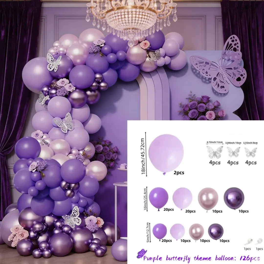 126pcs Lavender Balloon Wreath Set, 3D Silver Color Butterfly Stickers, Perfect for Weddings, Birthdays, Graduations, Parties, Party Balloons Decorations, Party Balloons, Balloon Party Supplies