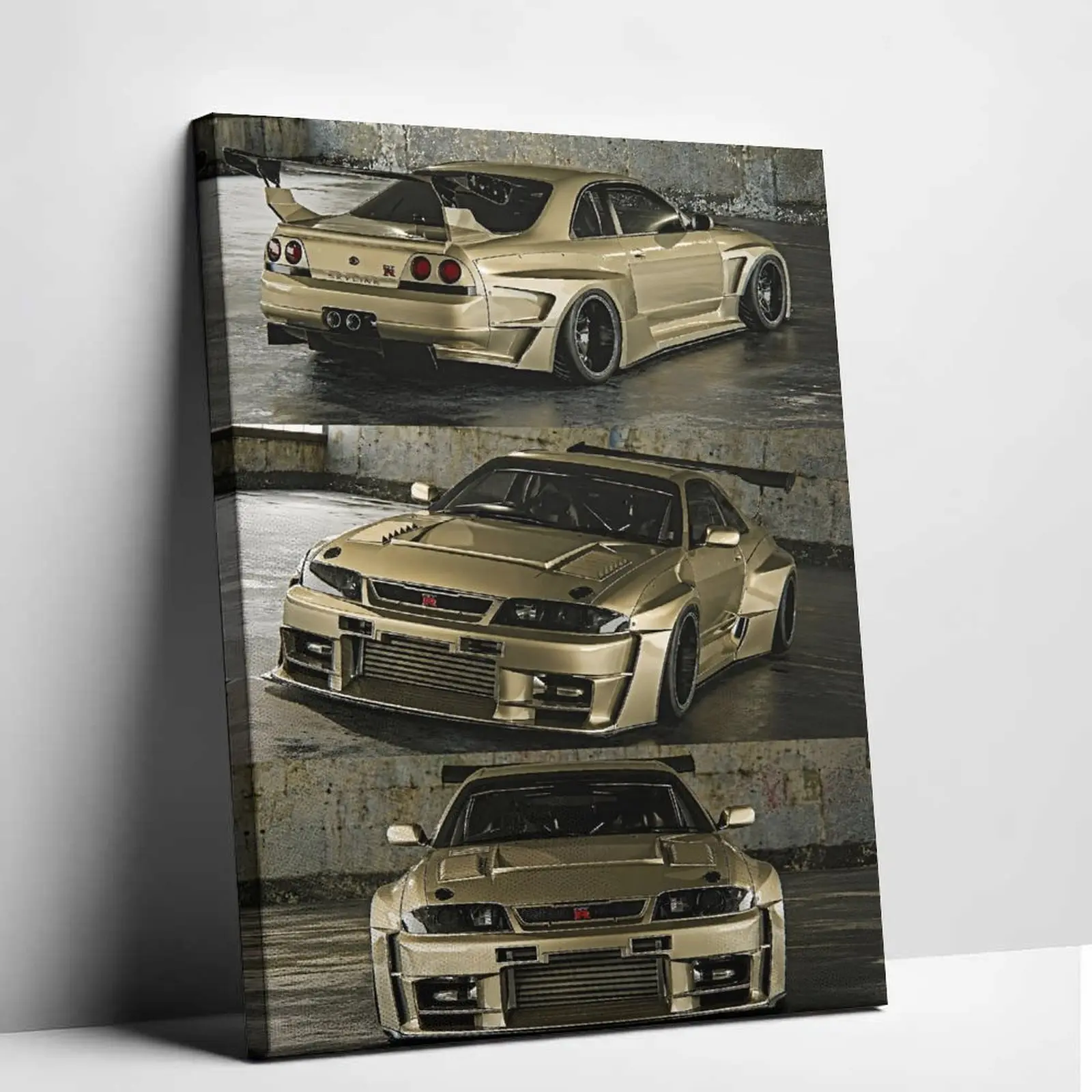 Classic Skyline R33 GT-R Sports Car Poster Canvas Painting Vintage Retro Champagne Gold Widebody Car Graphic Print Garage Scene Canvas Wall Art Decor Modern Vehicle Artworks for Men Bedroom Apartment