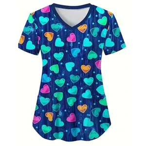 Women’s stretchy heart-print V-neck medical uniform top with short sleeves, patch pockets — casual scrubs/workwear