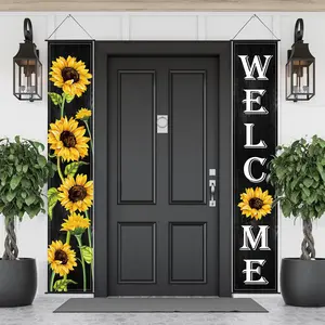 Sunflower Welcome Hanging Banners Spring Porch Banners Flags Summer Door Hanging Decorations for Front Door Garden Home Yard Sunflower Party Decorations (Black Background)