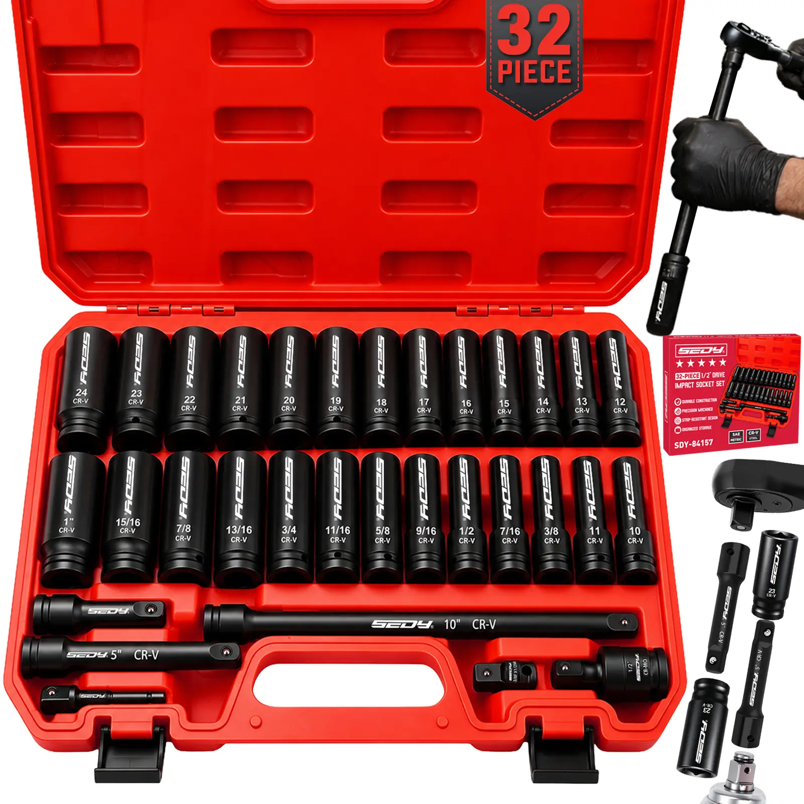 SEDY Mechanics' 32-Piece 1/2" Drive Impact Socket Set - Metric and SAE Deep Sockets, CR-V Steel, Crv Steel