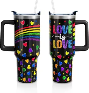 40 Oz Stainless Steel Insulated Drink Bottle with Handle, Straw, and Lid - Aesthetic Portable Coffee Cup, Rainbow Heart LGBT Pride Birthday Gift for Women (1PC)