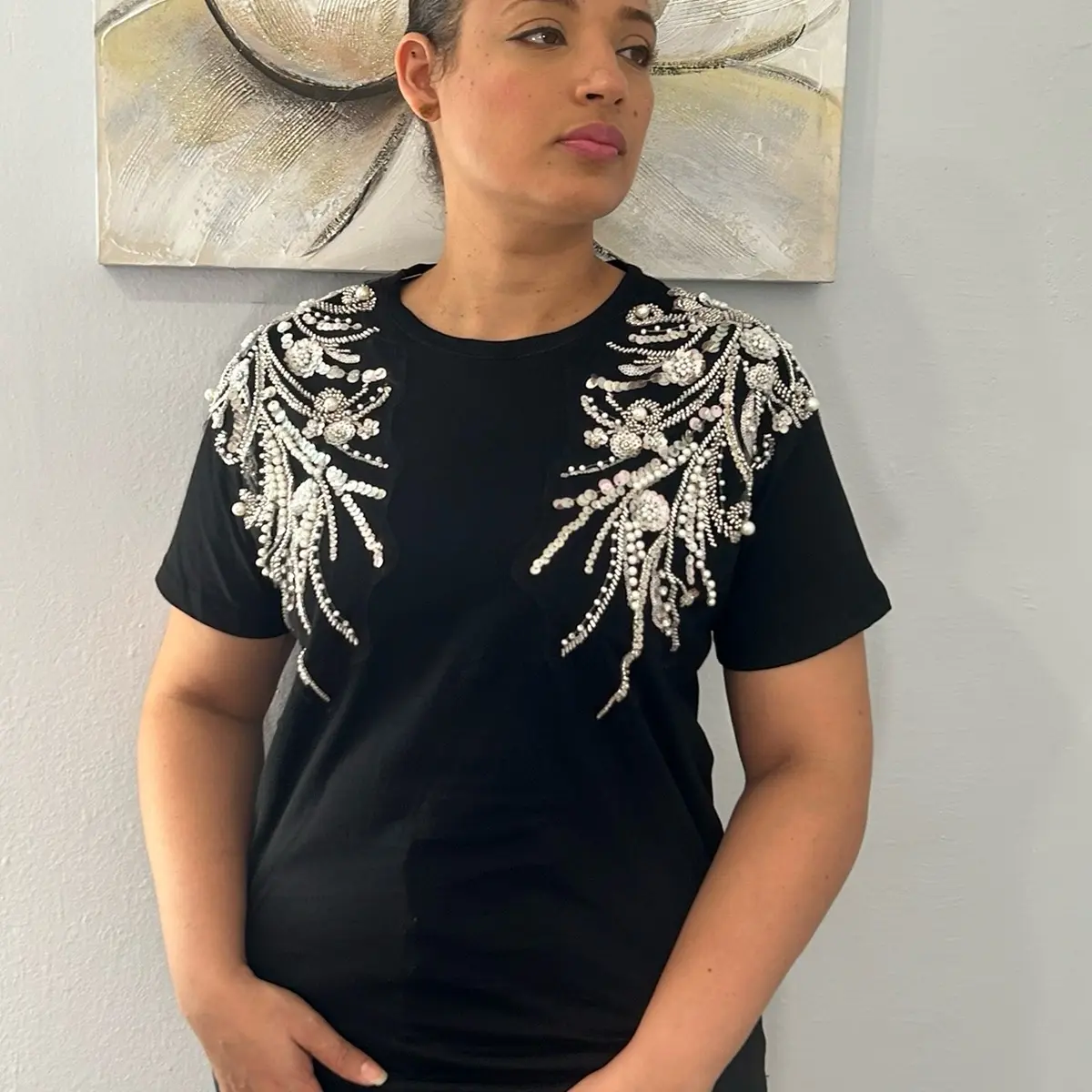 T-shirt Bejewelled With Pearls & Sequins - Camiseta Enjoyada Con Perlas Y Lentejuelas