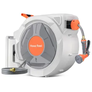 Automatic Rewind Retractable Garden Hose Reel – 5/8" x 100ft/130ft, Wall Mounted with 9‑Function Nozzle, Adjustable Length Lock & 180° Swivel Bracket