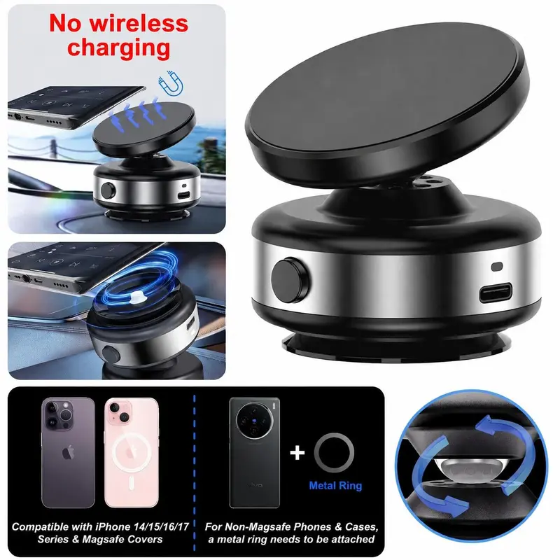 JOYYE MagSafe-Compatible Phone Mount for Cellphone - 360° Rotatable Adjustable Grip, Strong Vacuum Adsorption Suction Cup, Portable Metal Auto Gadgets Car Dashboard Holder, Alcohol Pad Included, Mobile Standing Stand for iPhone