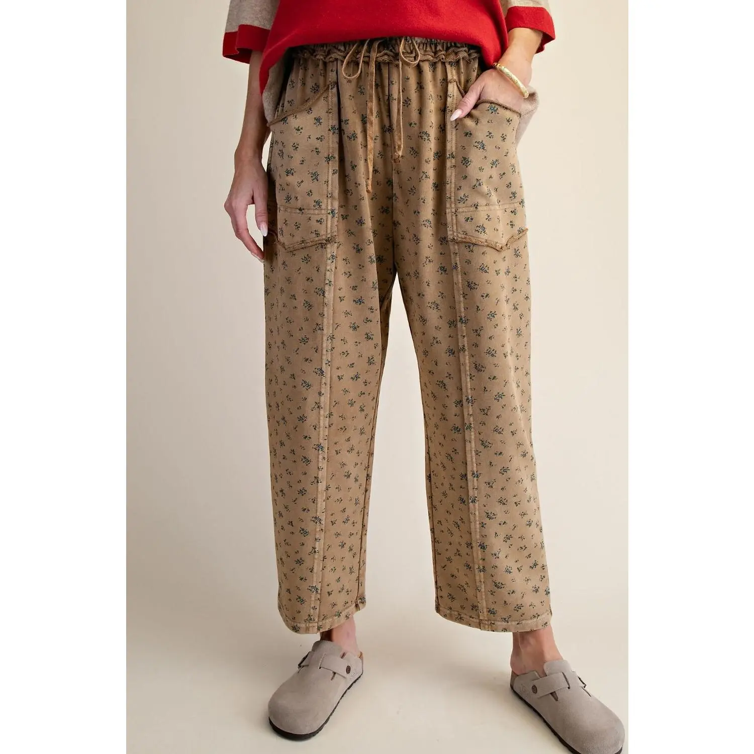 Darling Ditsy Floral Mineral Wash Barrel Pants Almond
