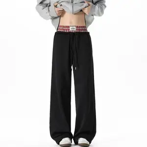 TikTok viral plaid double-waist wide-leg sweatpants for women, high-waisted baggy black casual streetwear pants, Y2K style