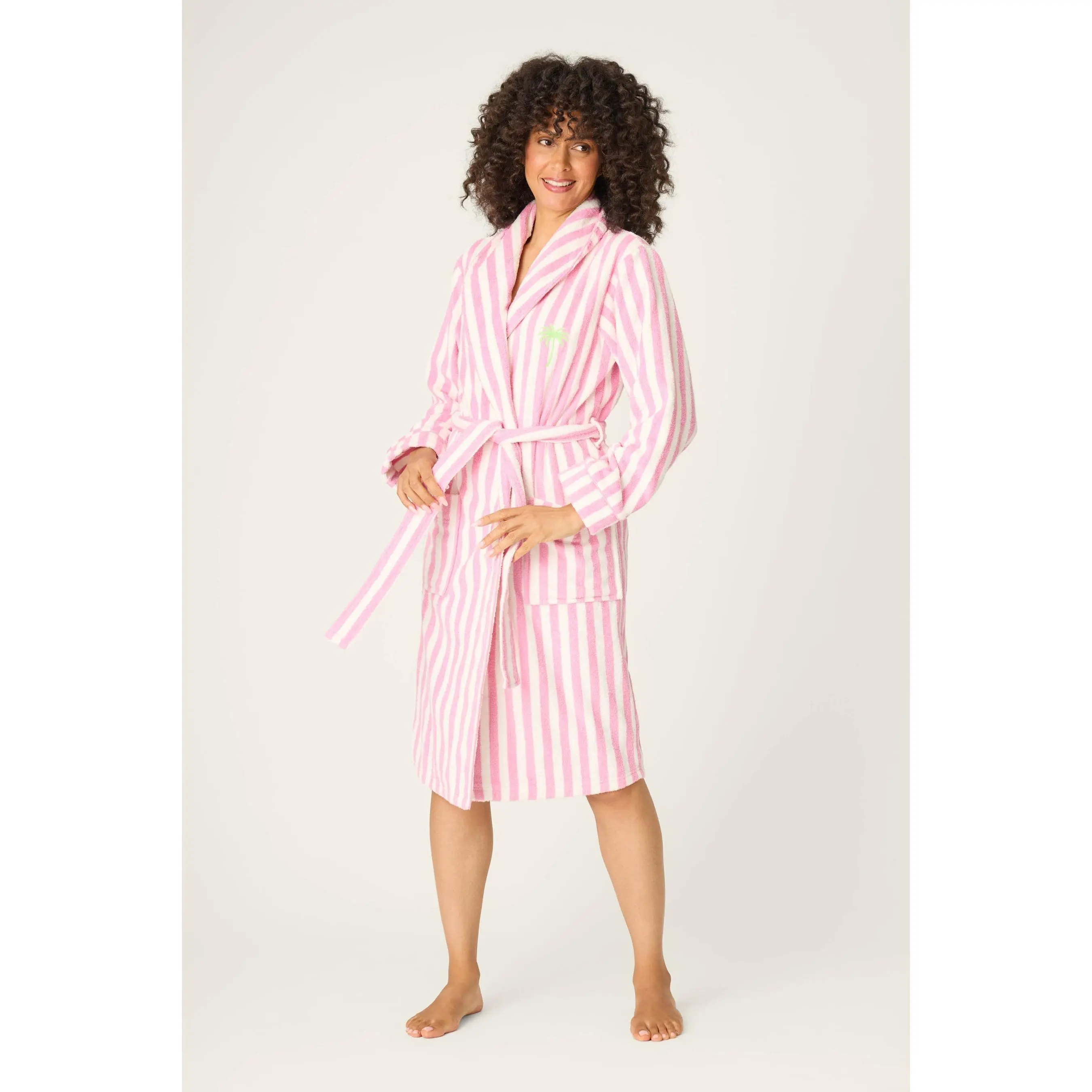 Women's Oversized Striped 100% Cotton Plush Terry Towel Gown - Embroidery, Pockets, Everyday Nightwear Loungewear, Gowns, Terry Robe, Palm Tree Embroidery, Patch Pockets, Self-Tie Belt, Tonal Piping, Long Sleeve, Cold Wash, Slip, Palm Trees, Absorbent, Do