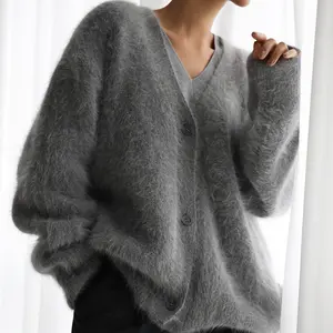 BIGWIG faux fur button cardigan, women's autumn sweater, women's long cardigan, button collar V neck loose plush coat, faux mink knitted cardigan, autumn and winter comfortable loose long sleeve V neck knitted sweater, lazy long sleeve