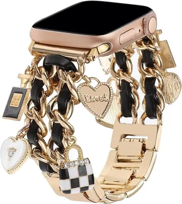 Wearable Chic Wristband for Apple Watch 38mm-49mm, Metal Chain Charms, Unique Pendants, Replacement Strap, Stylish Series 1-9 and 10 Bands for Women