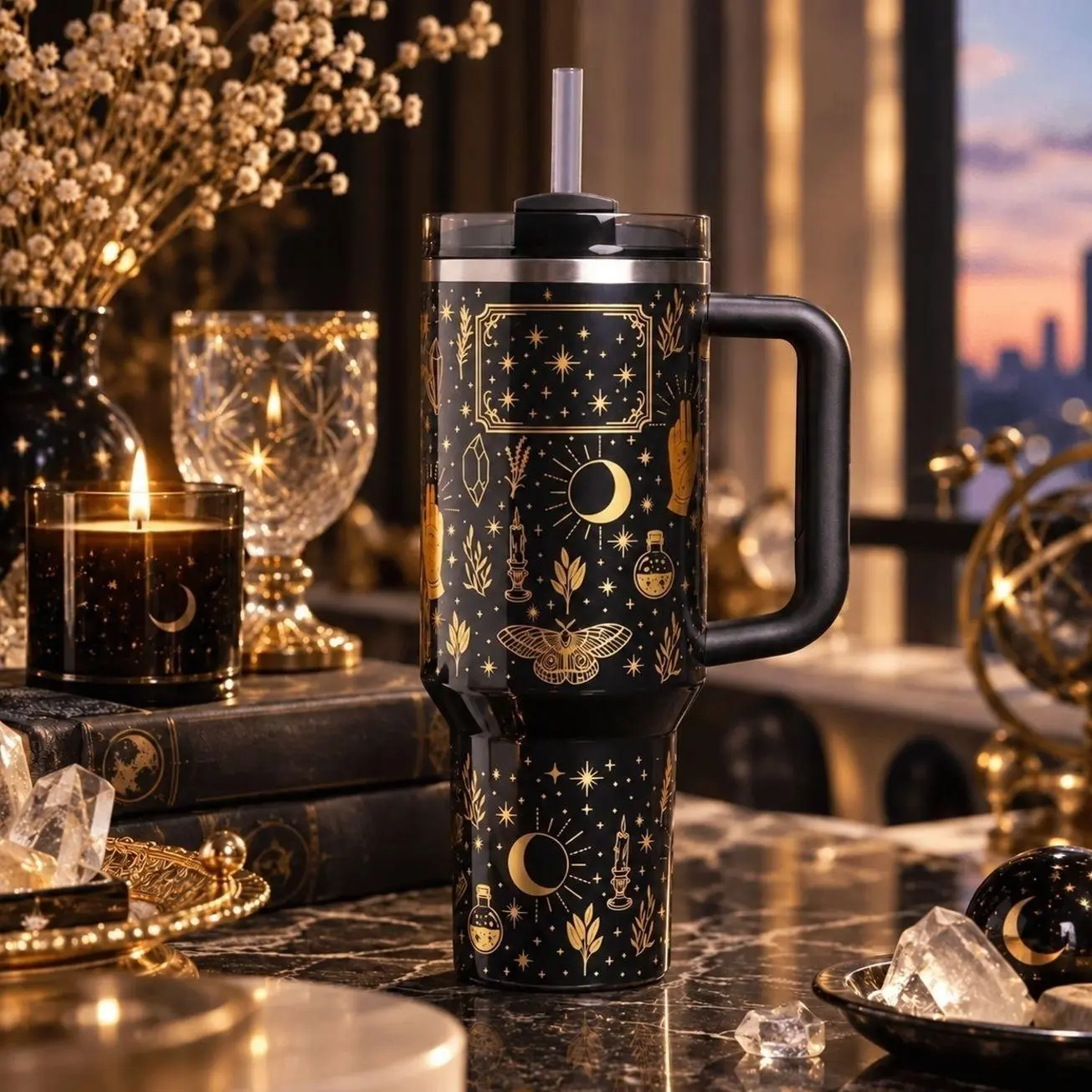 Midnight Celestial Moon and Stars 40oz Insulated Tumbler with Handle and Straw, Black and Gold Stainless Steel Travel Cup