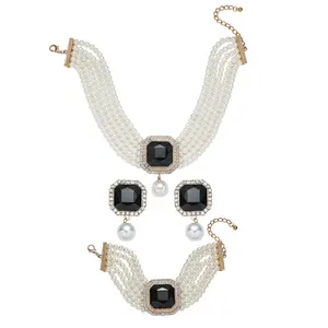 Fashion Bride Silver Black Bridal Layered Rhinestone Crystal 1920s Faux Pearls Necklace Earrings Bracelet Set Crystal Wedding Jewelry Set