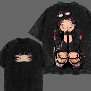 Men's Naruto Hinata Vintage Unisex Oversize Washed Cotton Round Neck T-Shirt - Hoodie, Graphic Anime Manga Merch for Anime Lovers - Streetwear Menswear Top Crewneck Tshirt Oversized