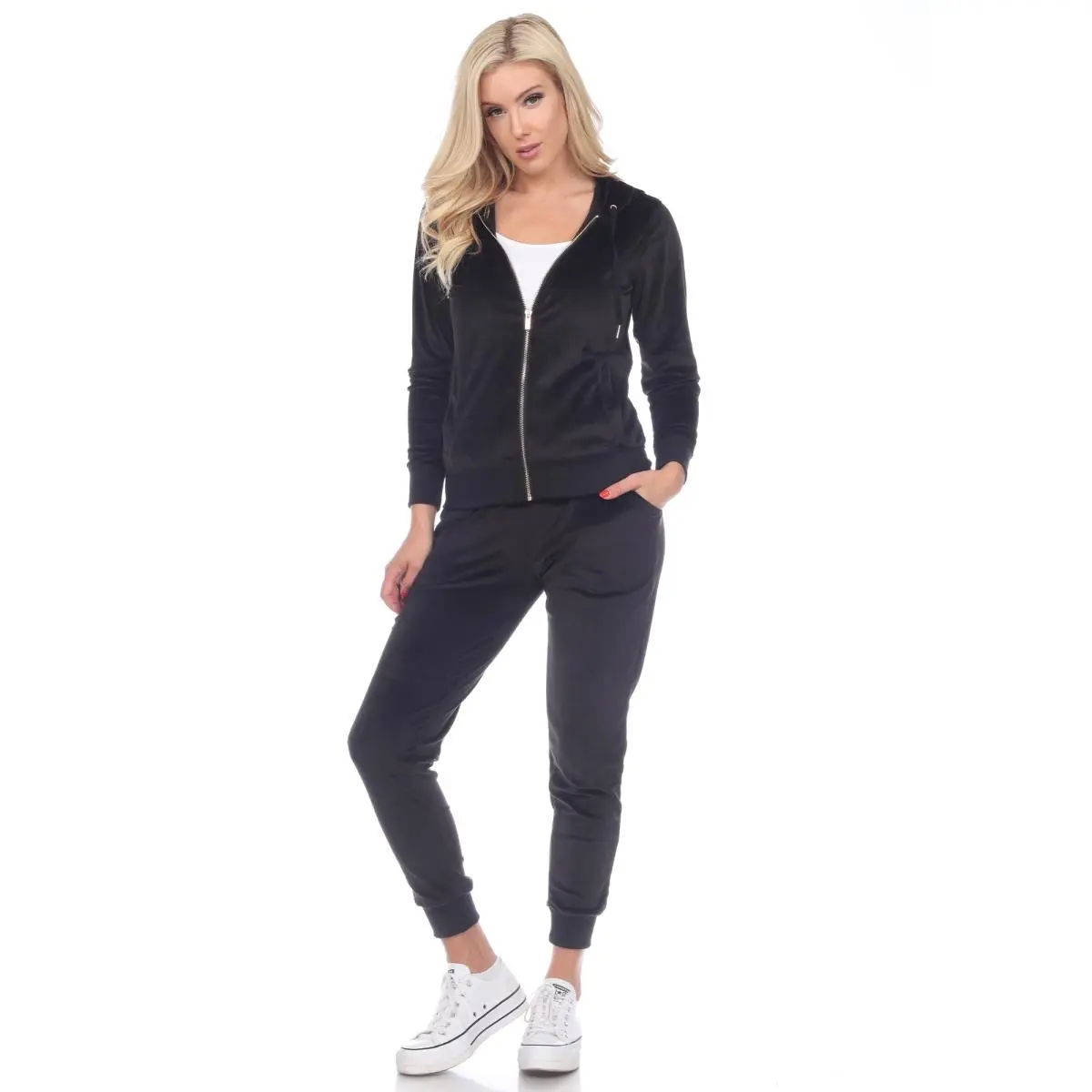 White Mark Black Velour 2-Piece Tracksuit Set - Sweatsuit Matching Set, Workout Casual Sportswear - Size Medium (2121-01-M)