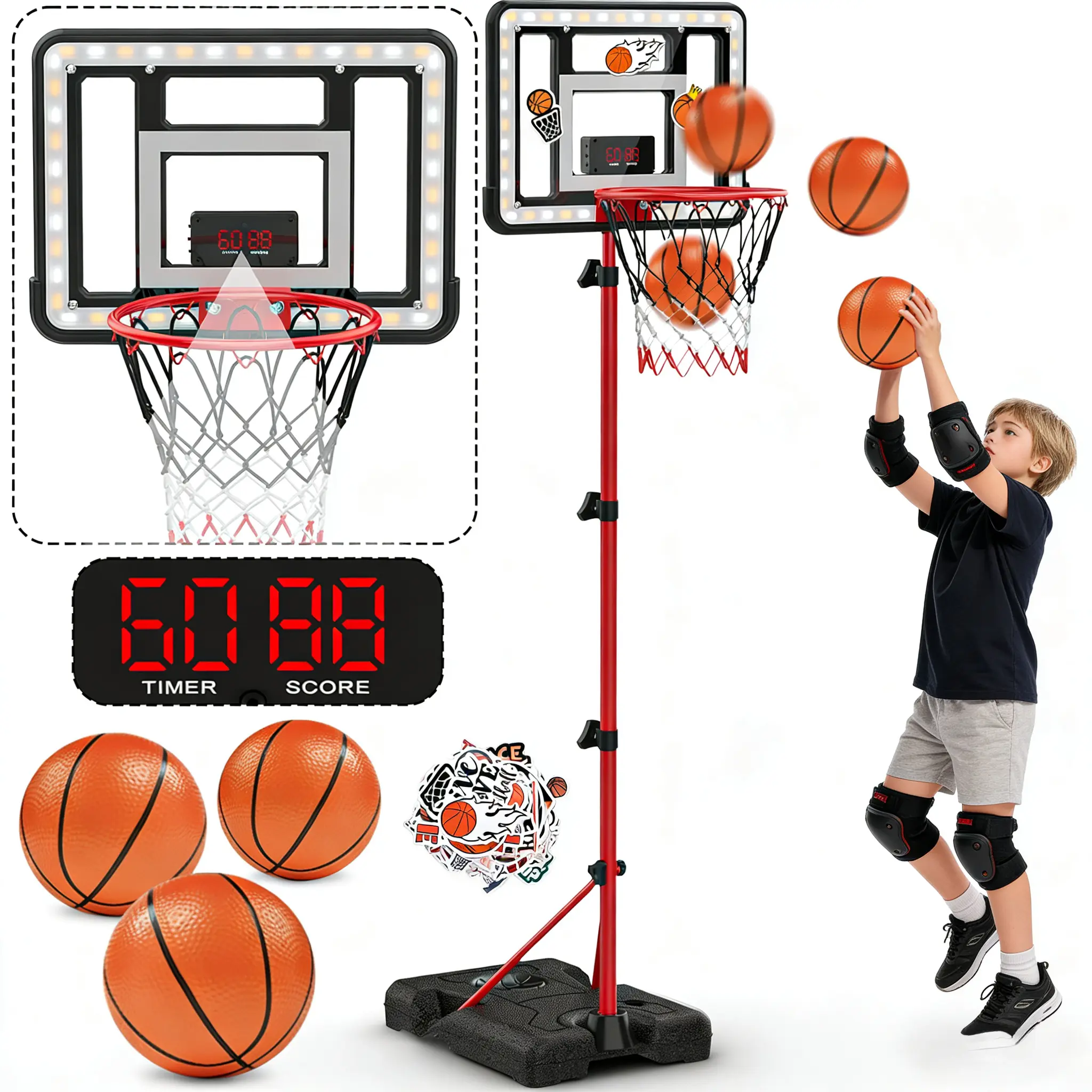 Children's Basketball Hoop Set with Stand - Adjustable Height 3.5ft-6.2ft, Electronic Scoreboard, LED Light, Sound Effect, Kids Outdoor Play Toy for 3+ Year Olds (Mother's Day & Boy Gifts, Indoor Outdoor Use)