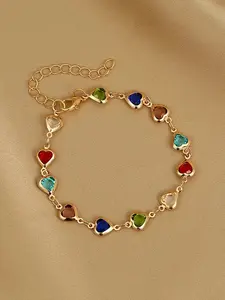 Colorful Heart Bracelet for Women, Gold Plated Rhinestone Heart Chain Bracelet (Random Colors), Cute Romantic Gem Jewelry, Adjustable Y2K Fashion Hand Bracelet for Party, Daily Wear, Gift for Girlfriend, Mom & Best Friend