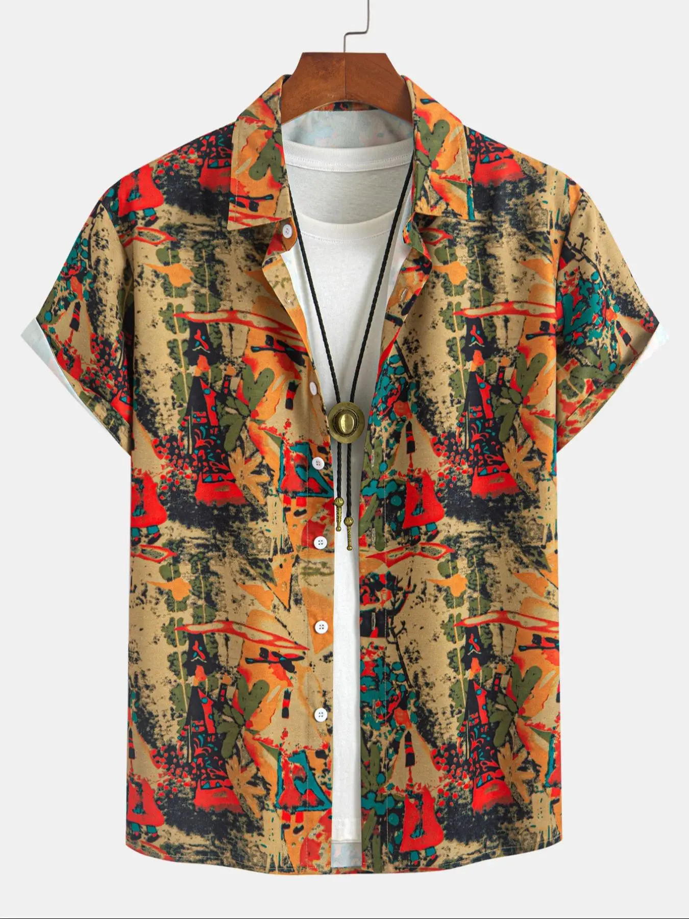 Men's Ethnic Pattern  Print Casual Printed Short Sleeve Shirt, Regular Fit Casual Comfy Button Front Collared Top for Summer, Men's Clothes for Beach Vacation, Casual Style Shirt