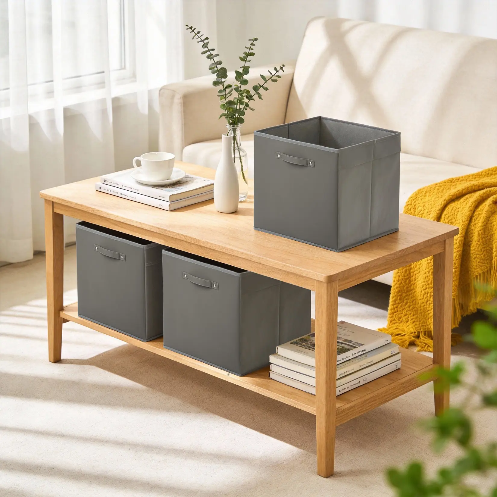 6PCS 11in/13 Inch Fabric Storage Bins with Faux Leather Handles, Collapsible Cube Organizer Baskets for Shelves, Clothes, Toys, Home, Office, Nursery
