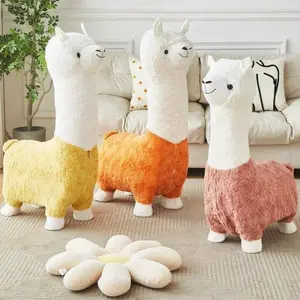 Upholstered Alpaca Stool Lamb's Fleece Fabric Footrest Animal Change Shoe Footstool Wood Multifunctional Cartoon Ottoman Sofa Tea Stool for Living Room Bedroom, Porch, Guest Room, Entryway Multi Colors
