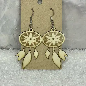 Dream Catcher Wooden Earrings with Intricate Star Design and Feather Details for Boho Style