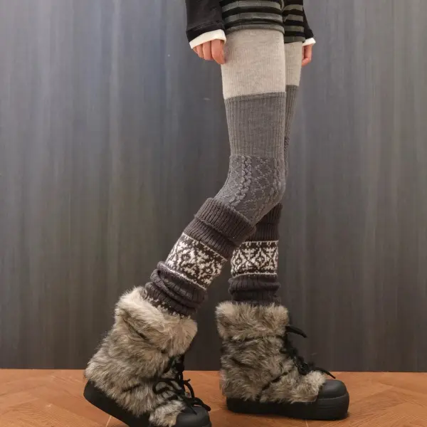 Winter 3-Piece Layering Set: Leg Warmers, Over The Knee Socks & Pantyhose, Fair Isle Cable Knit, Dark Gray, for Snow Boots