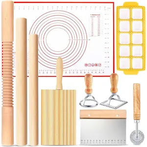 10 Piece Wood Pasta Making Kit with 3 Rolling Pins, 1 Gnocchi Board, 1 Dough Cutter, 1 Ravioli Cutter, 1 Ravioli Maker, 2 Pasta Stamps, 1 Baking Mat, Ravioli Pasta Set for Kitchen