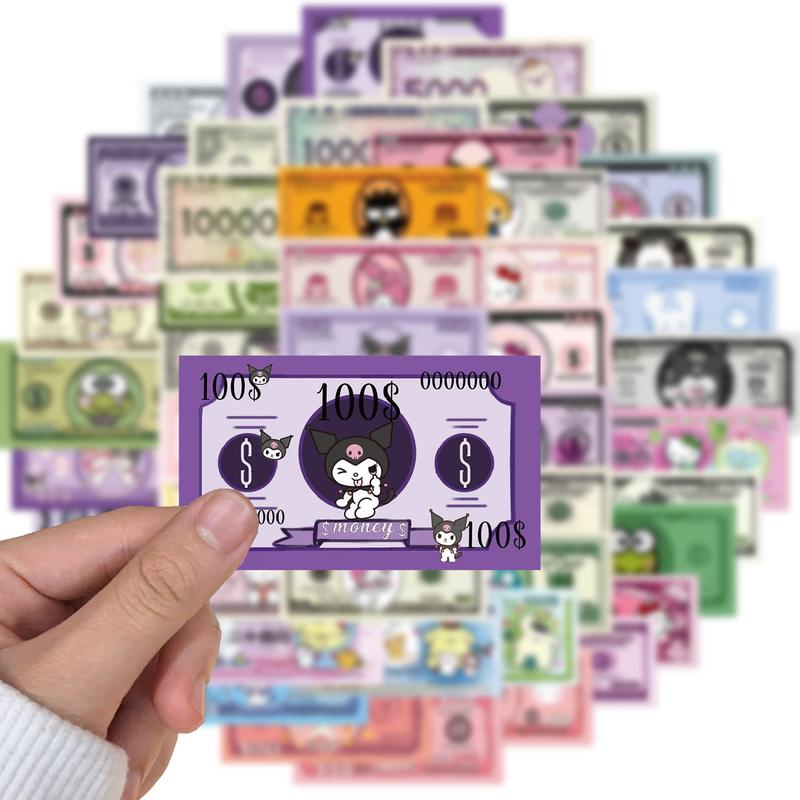 Sanrio Stickers 50pcs Adorable Characters on Fun Money Designs for Kids' Collection Includes Hello Kitty My Melody & More Perfect for Decorating and Enhancing Any Collection
