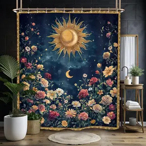 1/4pcs Sun Moon Celestial Shower Curtain Set 60Wx71H Inches Rose Witchy Tarot Mysterious Gothic Plant Botanical Wildflower Waterproof Bathroom Curtain with 12 Hooks