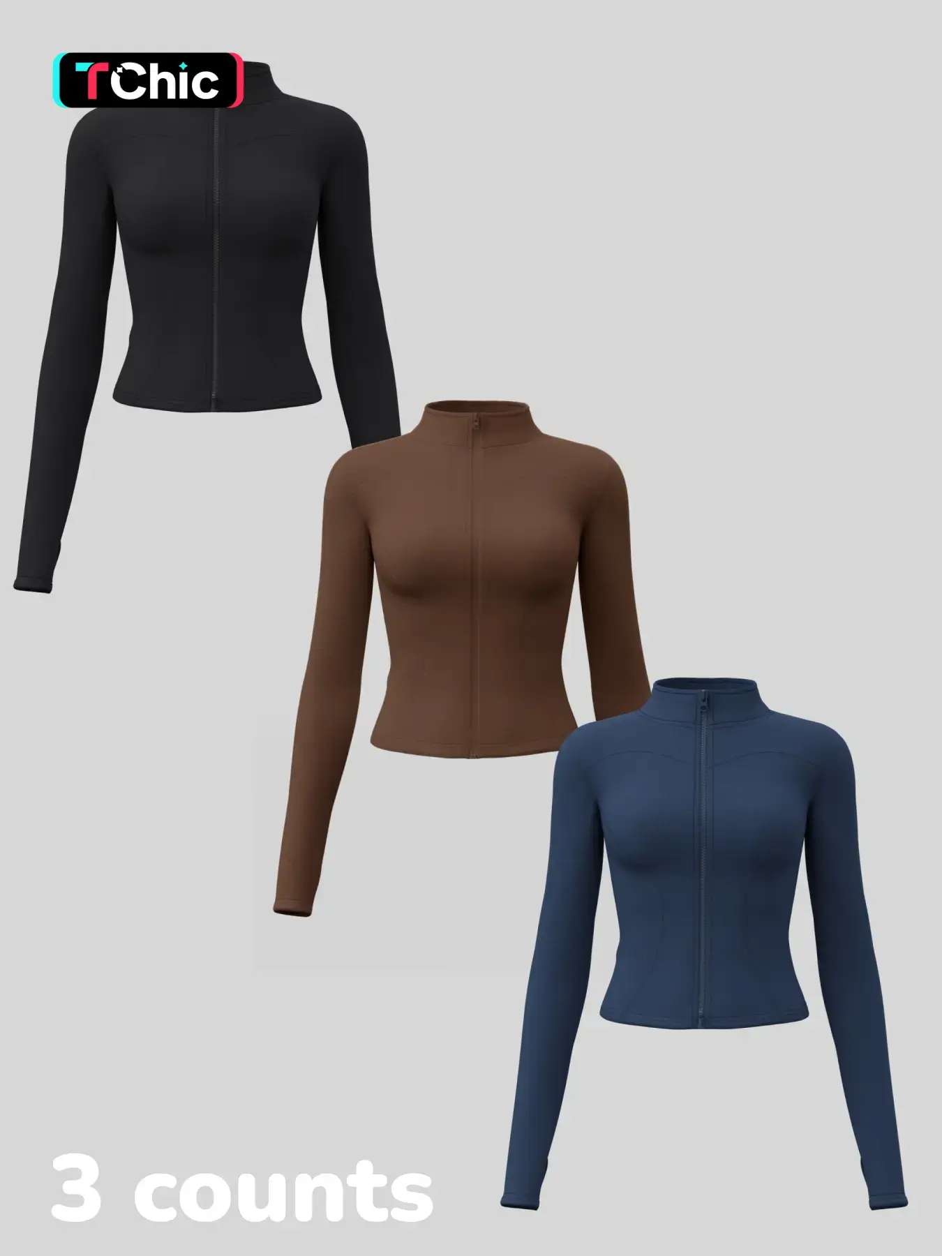 Women's Long Sleeve Yoga Jacket Set, Sports Outerwear, Athletic Jackets, High Neck Zipper Closure, Quick-Dry Fitness Top, Tight-Fitting Sports Wear, Athletic Sports Clothing, Workout Clothes Women, 3 Piece Pack