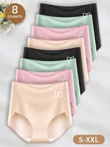 Morelect High Waist Cotton Briefs 8 Counts,Soft Breathable Women's Underwear,Comfort Ribbed Band & Logo Detail,Everyday Panties for Tummy Smoothing,Solid Color Basic Panties All Season Wear,mothersdaygift.