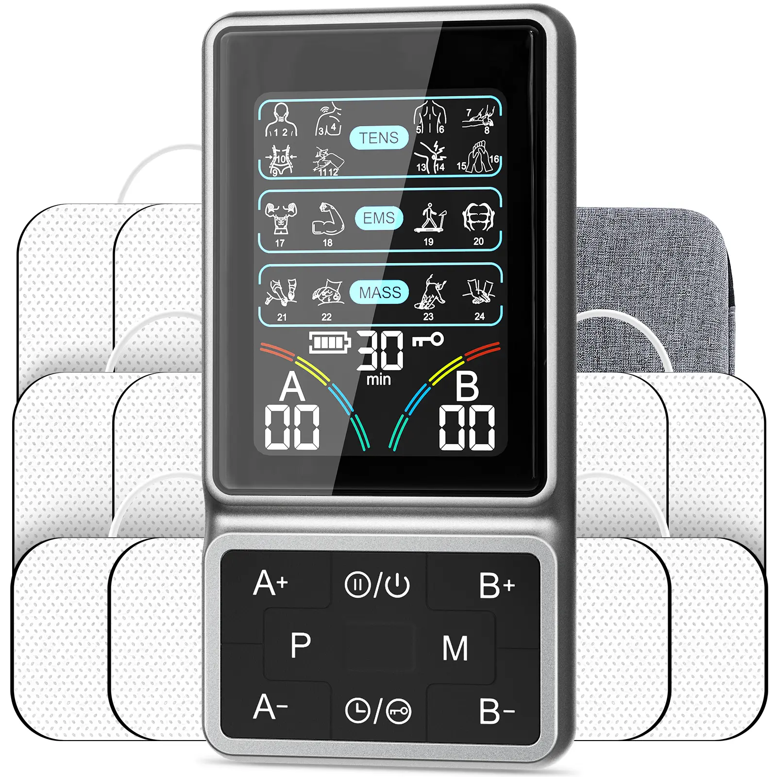 TENS EMS Muscle Stimulator & Massager with Therapy for Neck, Back Pain Relief, Dual Channel Color Screen Unit, 24 Modes, 40 Intensities, 10 Pads for Full Body Muscle Recovery