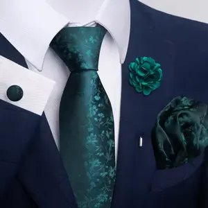 Luxurious Green Floral Necktie Set – Tie, Cufflinks, Brooch & Hanky