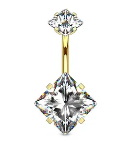Gold PVD CZ Square Internally Threaded Belly Button Ring