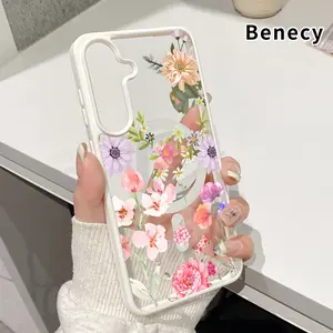 Magnetic Case Compatible with Galaxy S23 Ultra S24 Plus S25 S22+ FE Watercolor Flower Drift Clear Acrylic Back Drop Protection Pocket-Friendly Cellphone Cover Gift for Girl